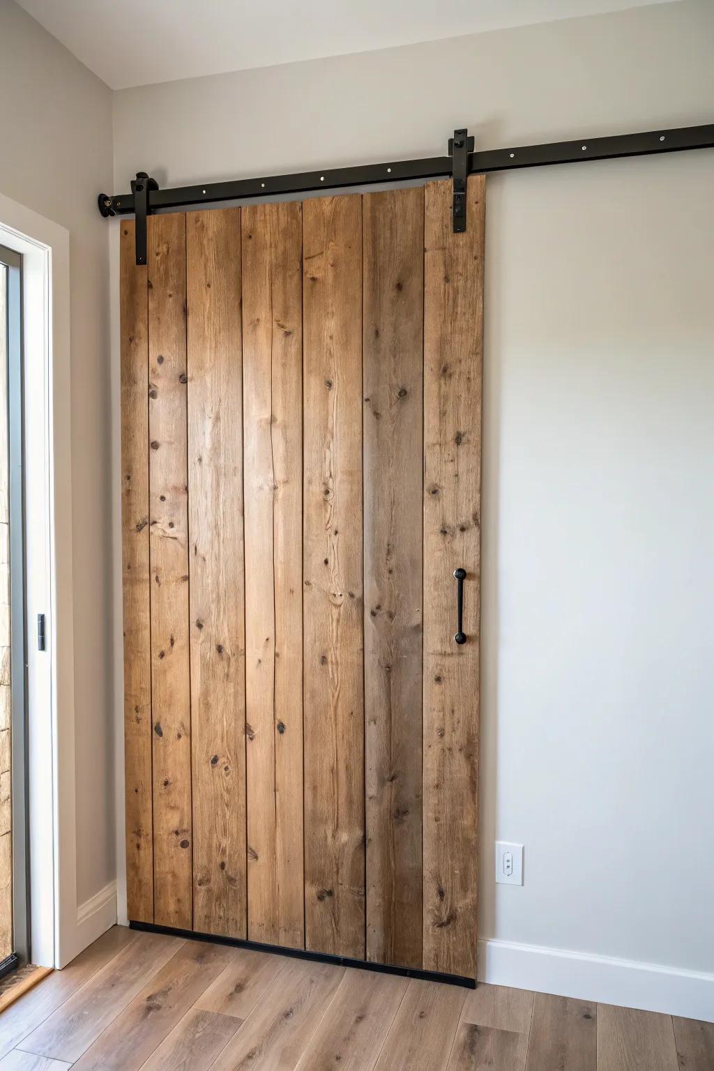 Reclaimed wood plank slider—vertical lines add rustic charm and make small rooms feel taller.