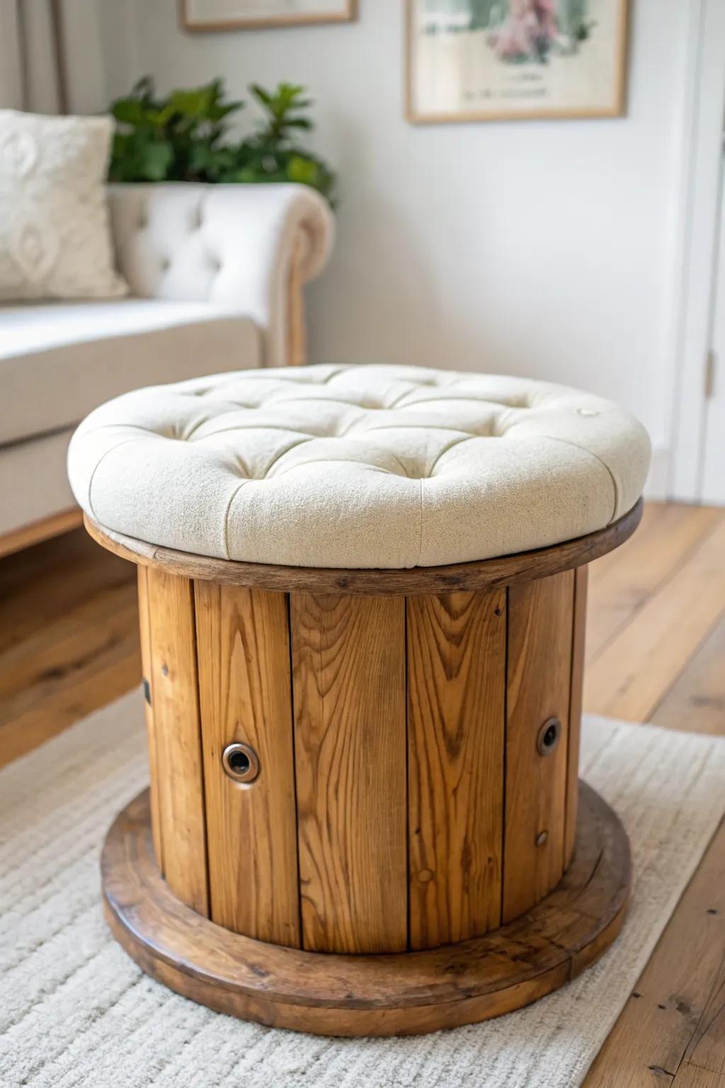 Cable-spool stool with linen cushion—an upcycled round seat that brings warmth to closet corners.