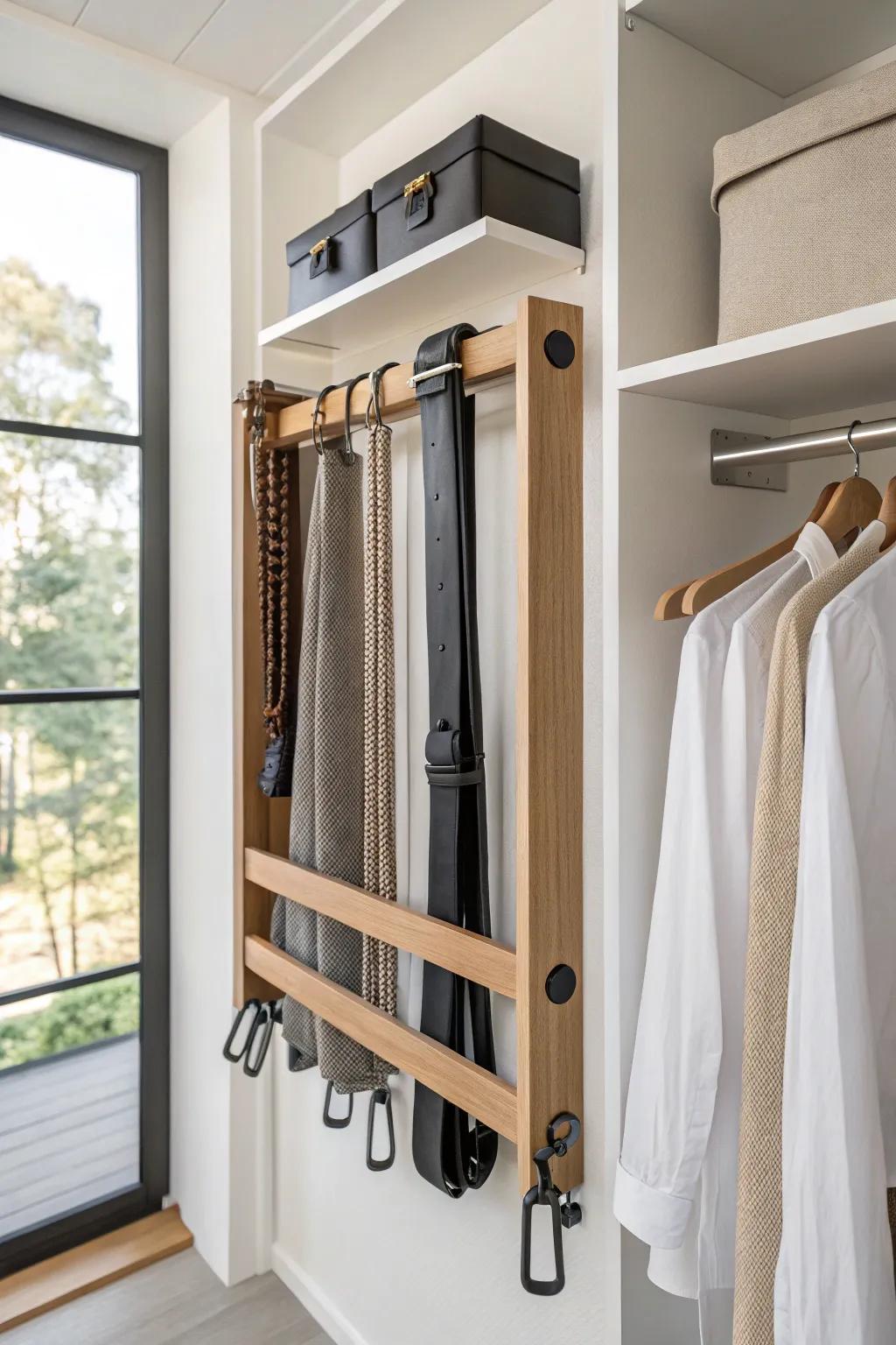 A sleek pull-out belt & tie rack—secret luxury that keeps accessories tidy and tangle-free.