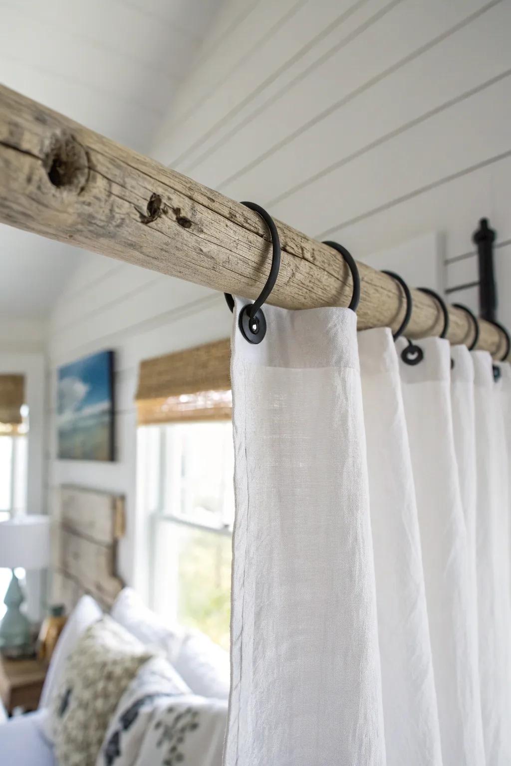 DIY driftwood curtain rod for a coastal farmhouse bedroom—simple, rustic, and beautifully airy.