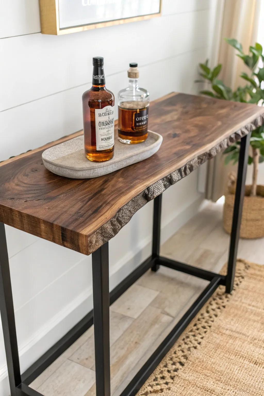 A bold live-edge slab bar that makes pour-over mornings and whiskey nights feel special.