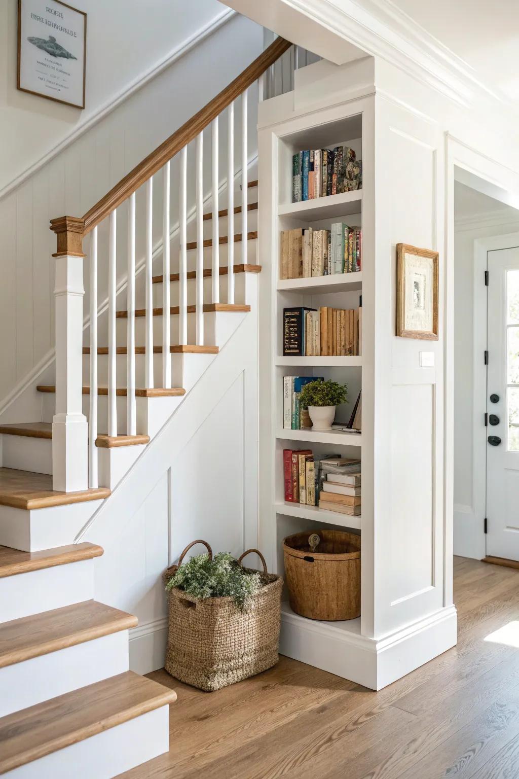 Turn the stair void into a mini library with simple trim that matches your colonial molding.