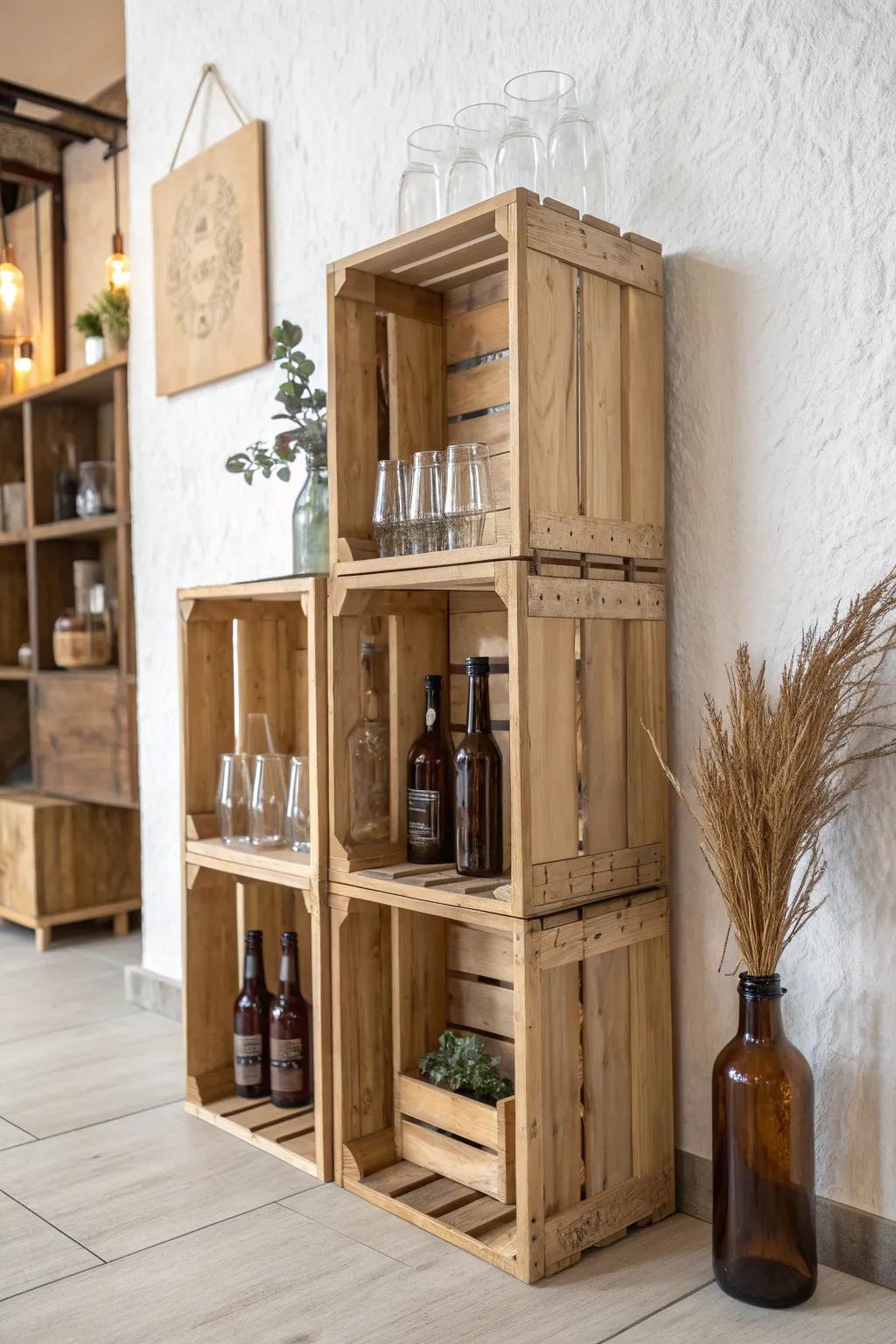 Crate-style modular bottle wall—stackable oak boxes that scale up beautifully over time.