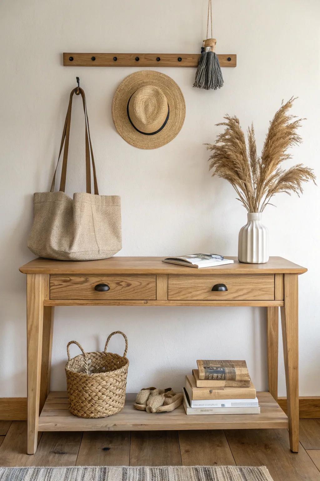 Elevate your console table with a simple wood hook rail—pretty, practical, and effortlessly airy.