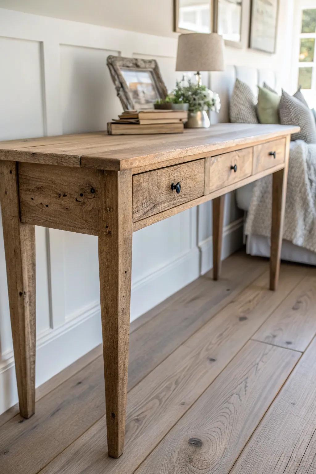 Reclaimed wood console table warmth—aged grain, clean lines, and cozy bedroom contrast.