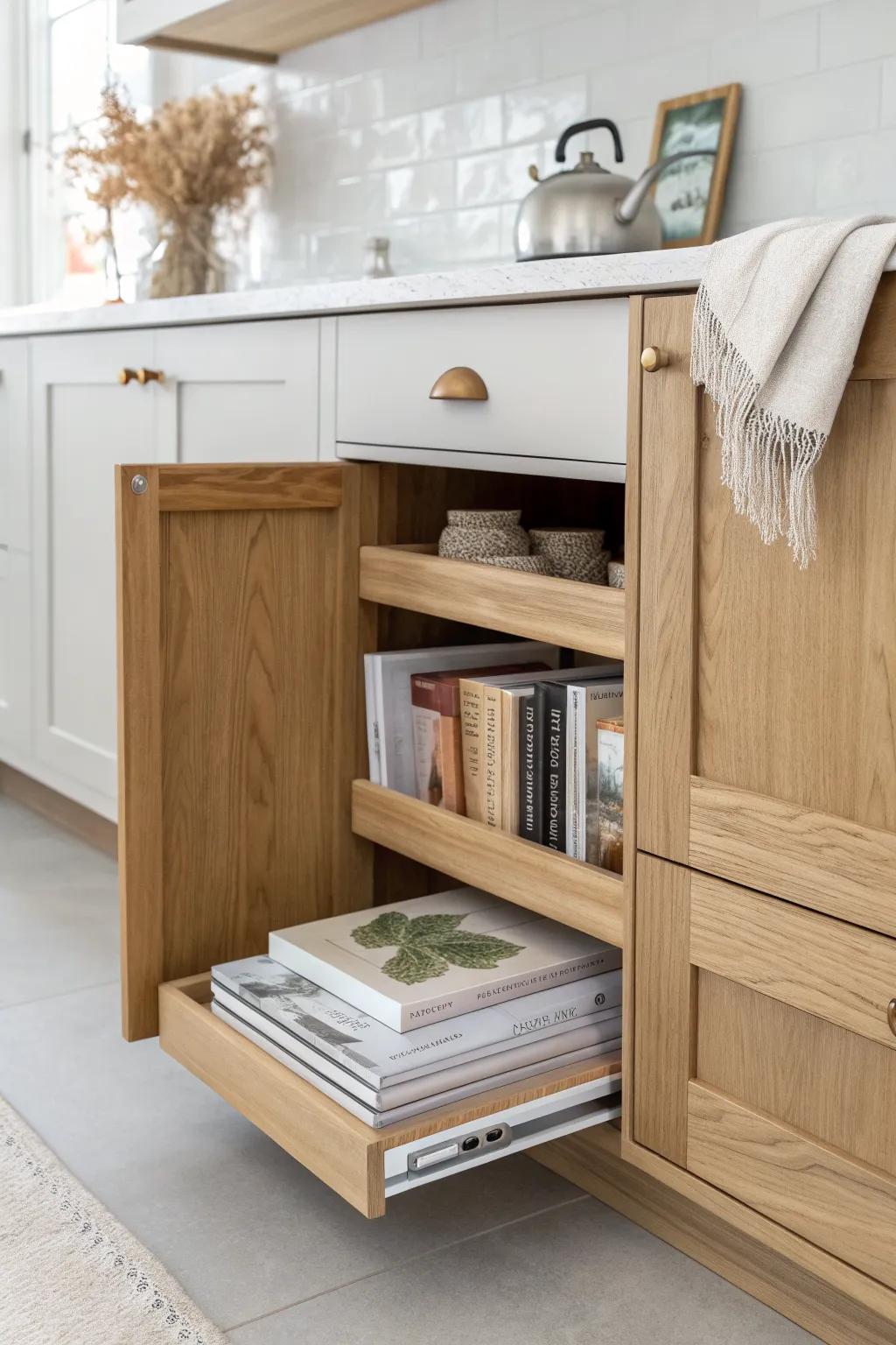 A hidden toe-kick pull-out shelf turns wasted cabinet space into sleek cookbook storage.