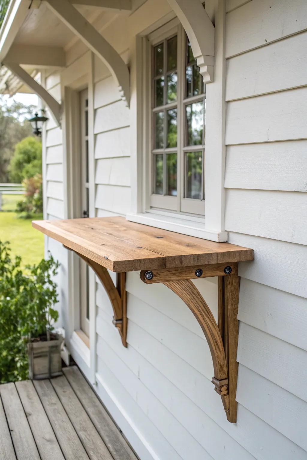 A fold-down porch table on handcrafted corbels—minimal, warm wood, and pure curb appeal.