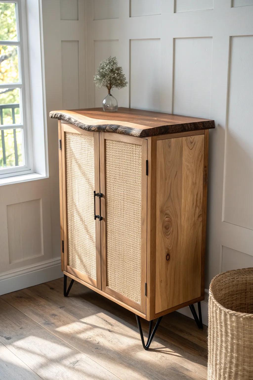 Live-edge corner bar cabinet top—knotty grain, organic edge, and clean Scandinavian lines.