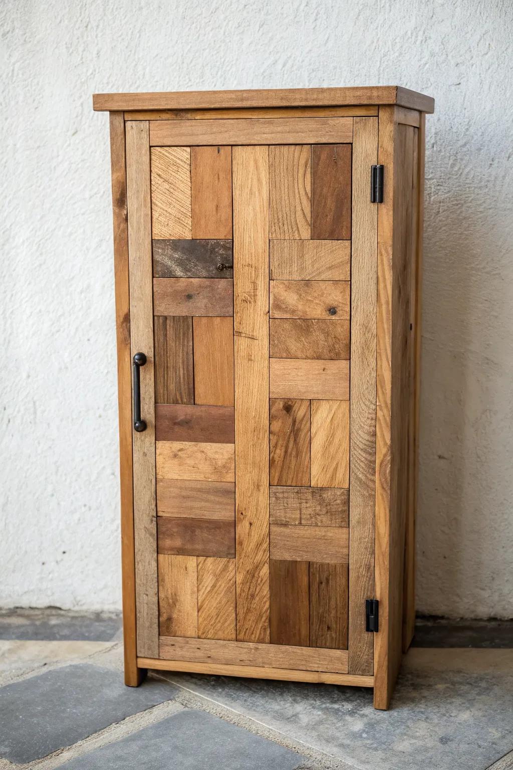 Reclaimed wood patchwork corner door—warm grain shifts that turn an awkward corner into art.