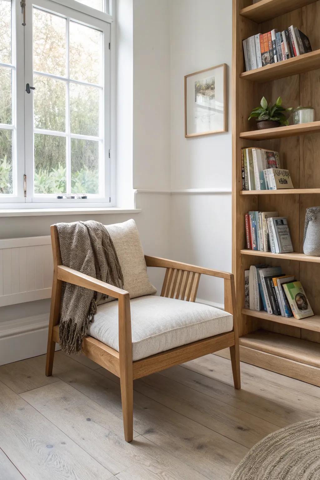 A corner chair with a slim built-in book ledge—your “currently reading” stack, beautifully contained.