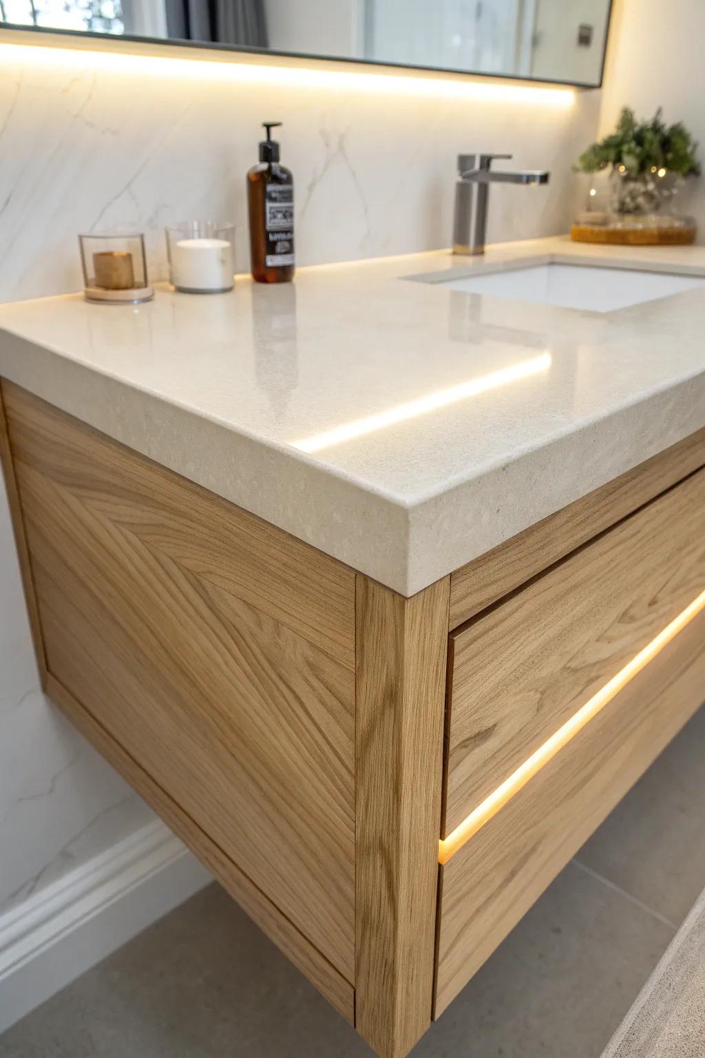 Oak corner vanity with a blush-opal resin edge and hidden warm glow for dreamy nights.