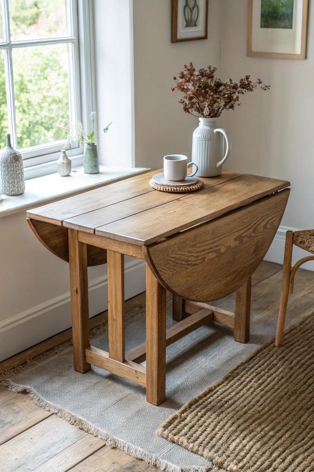 Reclaimed-wood drop-leaf table turns any corner into a cozy coffee-and-chat lounge.