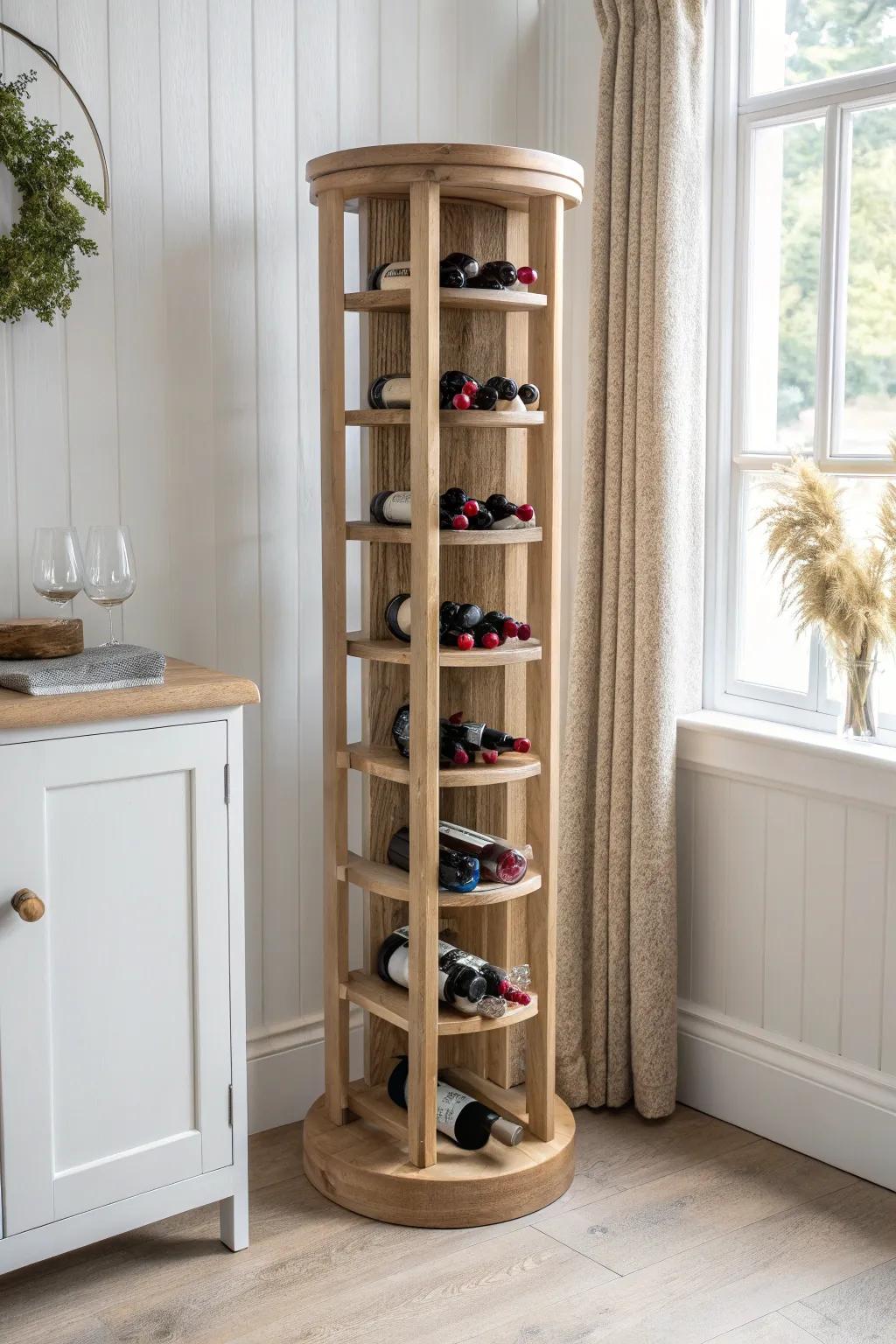 A spinning corner wine tower that stores more bottles and makes every pick effortless.