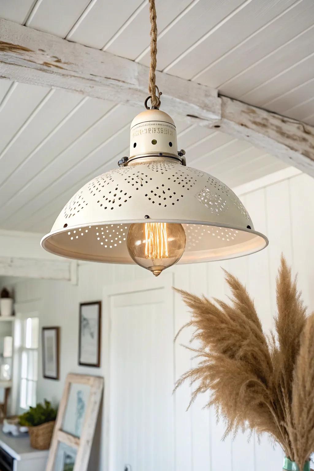 Upcycled colander chandelier casting cozy dotted light—minimal cottage charm with boho warmth.