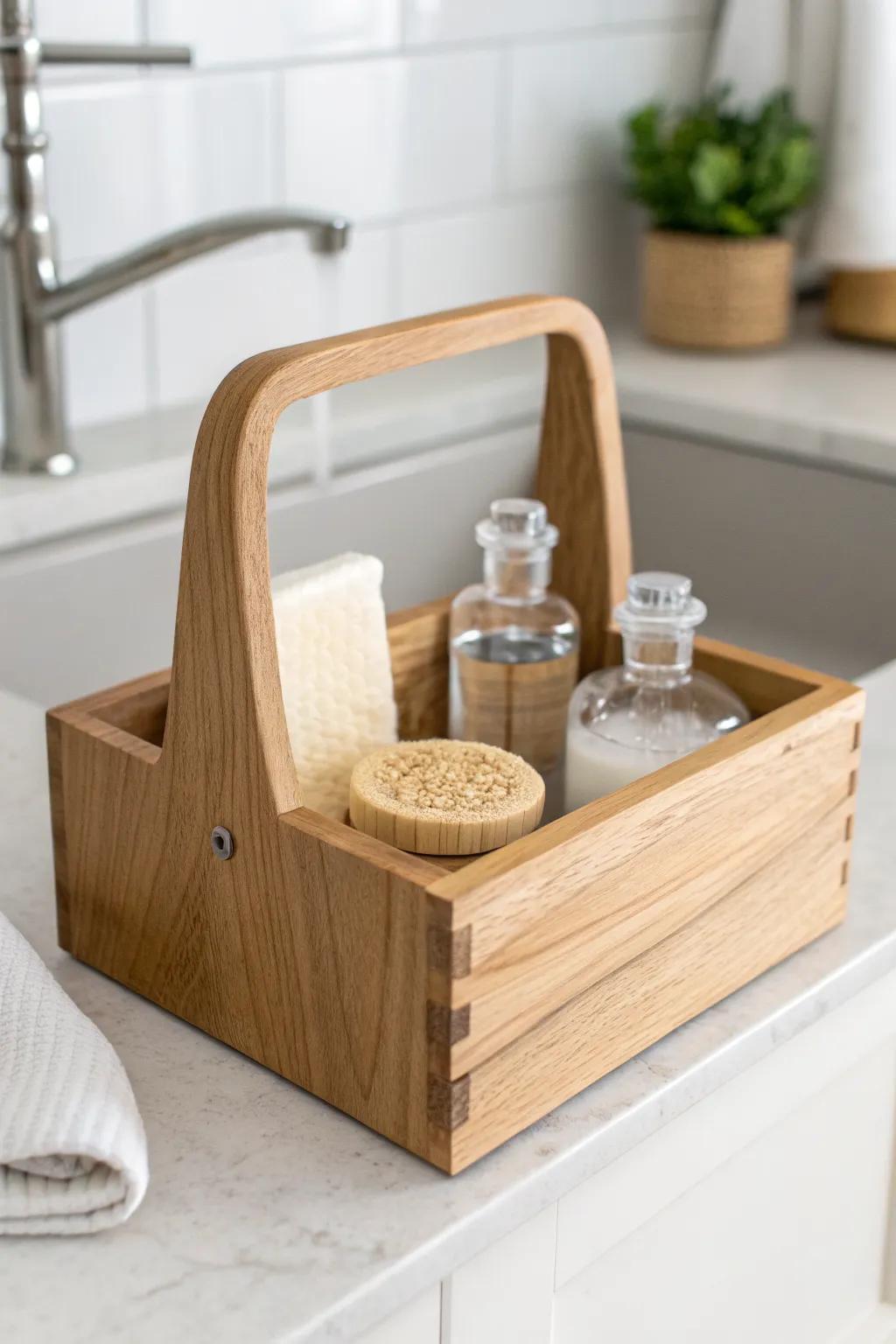 A sweet wooden tote that keeps soaps and glass bottles tidy—cottagecore calm in one spot.