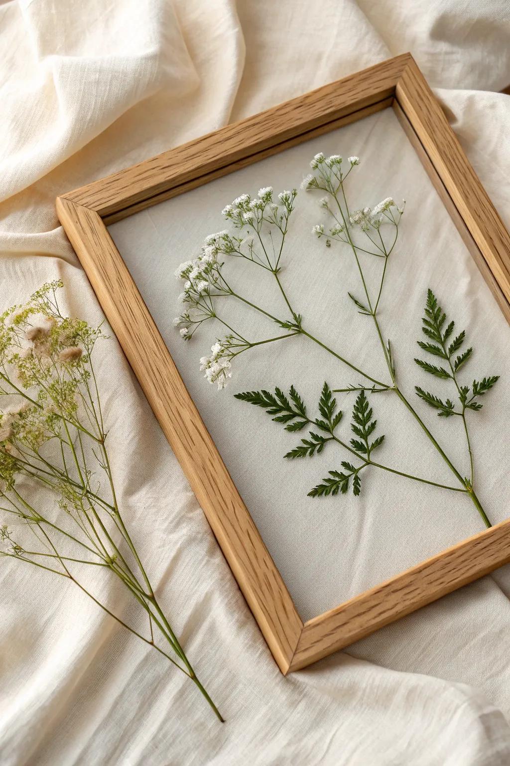 Pressed wildflowers in a slim oak frame—simple farmhouse charm with a clean, modern finish.