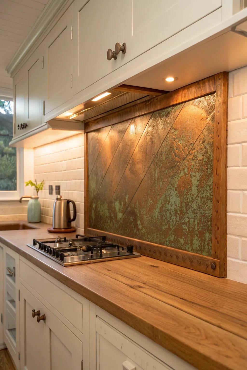 Aged copper sheet backsplash: warm patina glow that makes a cottage kitchen feel instantly cozy.