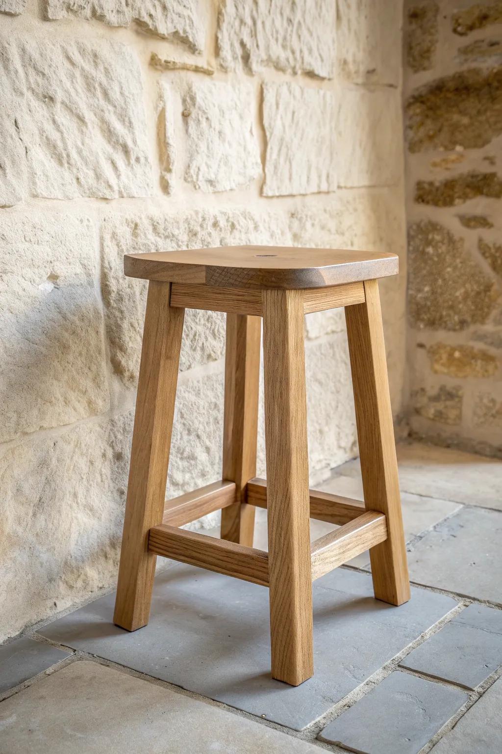 Warm oak stool against a stone-look wall—an easy cottage accent with timeless texture.