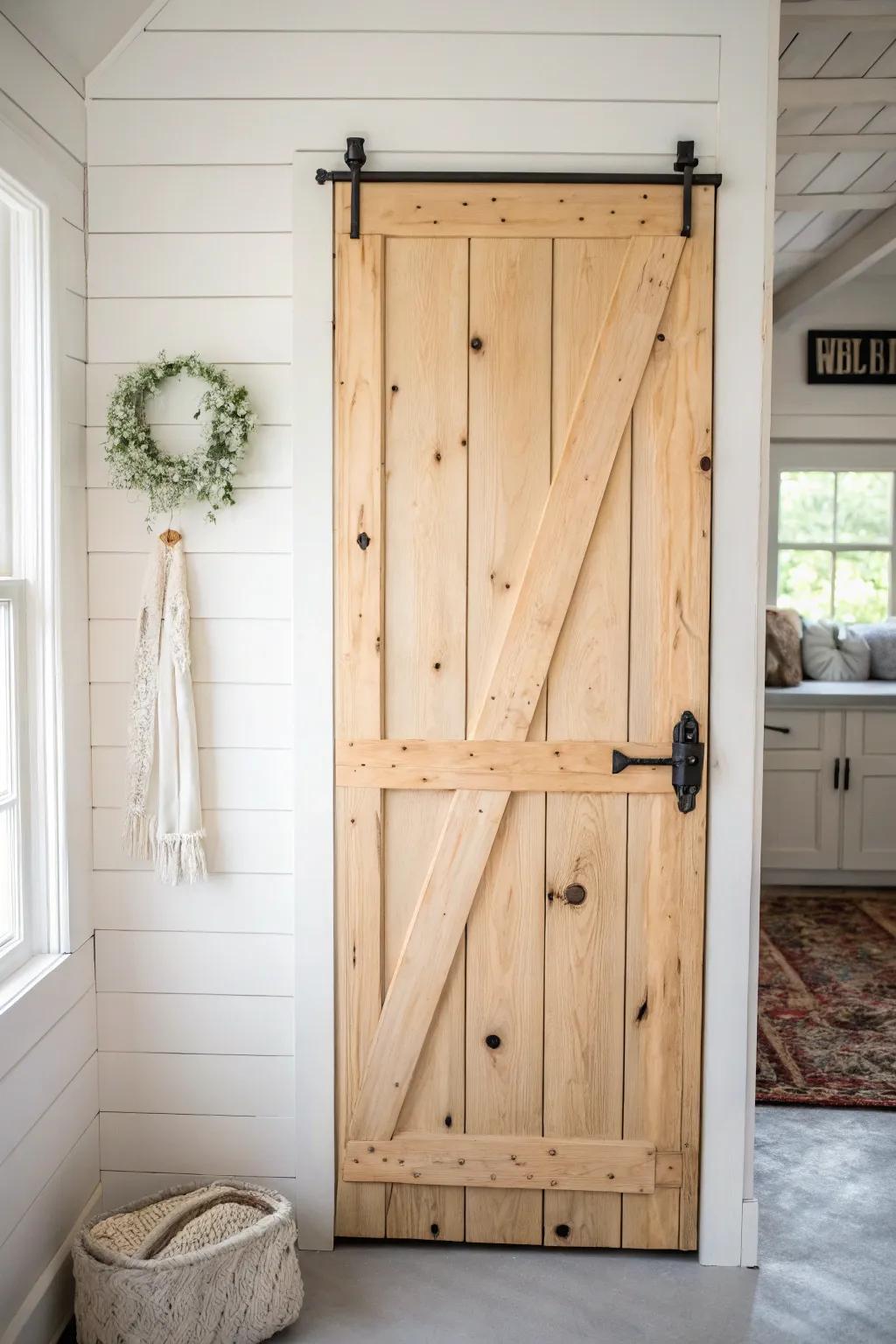 DIY plank door magic: simple battens, warm wood grain, and instant old-house cottage charm.