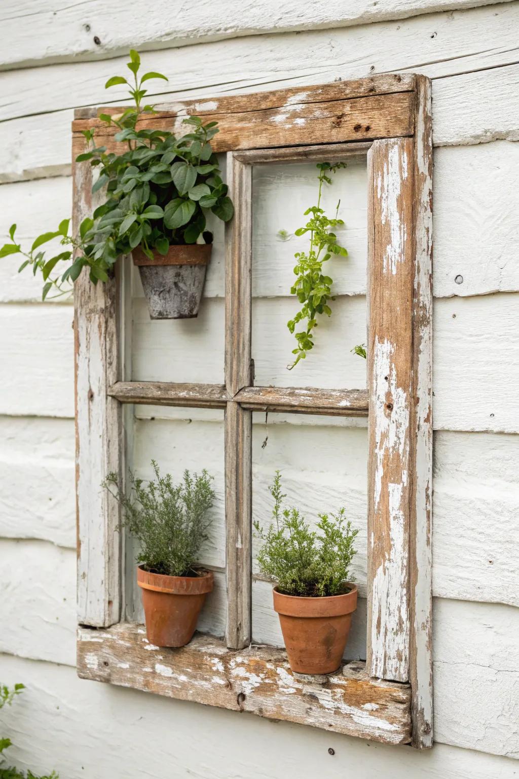 Salvaged window frame plant wall: cottage charm with minimalist calm and fresh garden vibes.