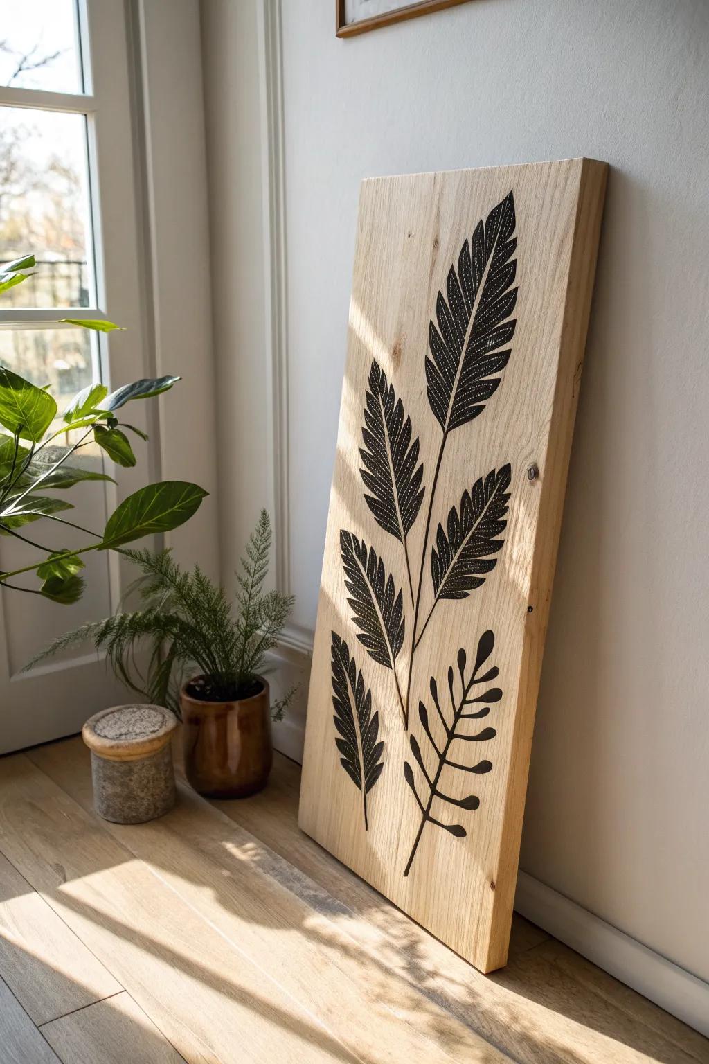 Hand-burned leaf silhouettes on pale wood—minimal rustic fall wall decor with rich contrast.