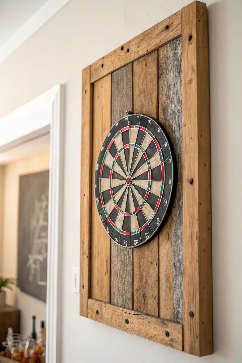 Barnwood backer + simple trim turns a dartboard corner into a warm, country-pub feature.