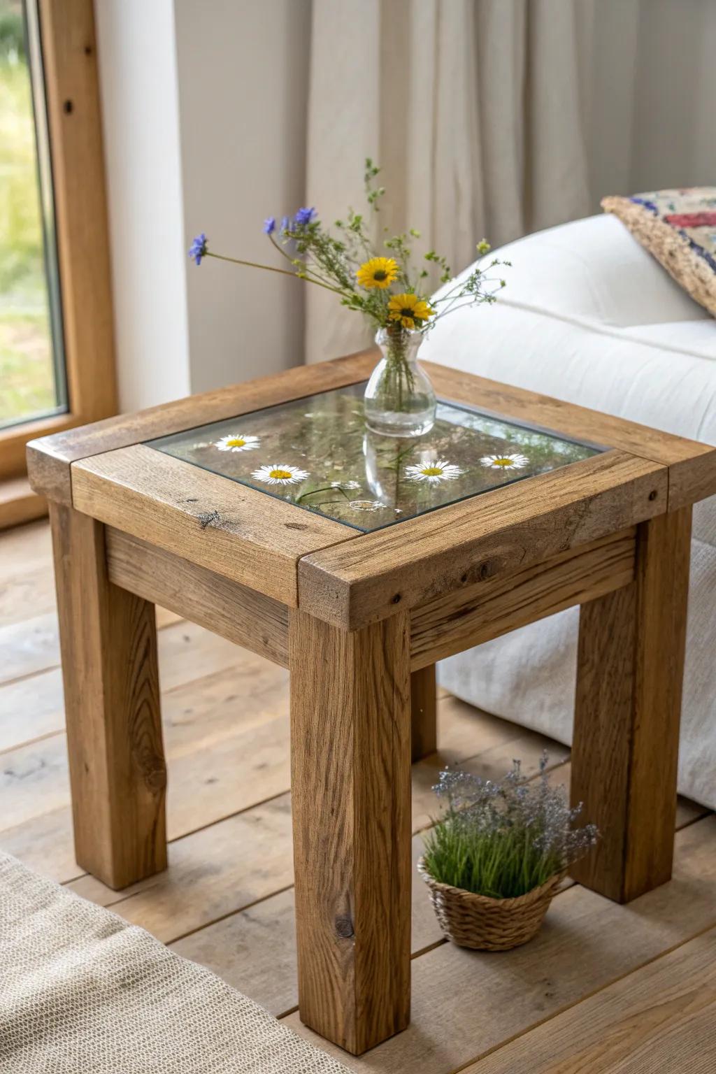 Rustic reclaimed wood side table with a crystal-clear wildflower resin inlay—country charm, reimagined.