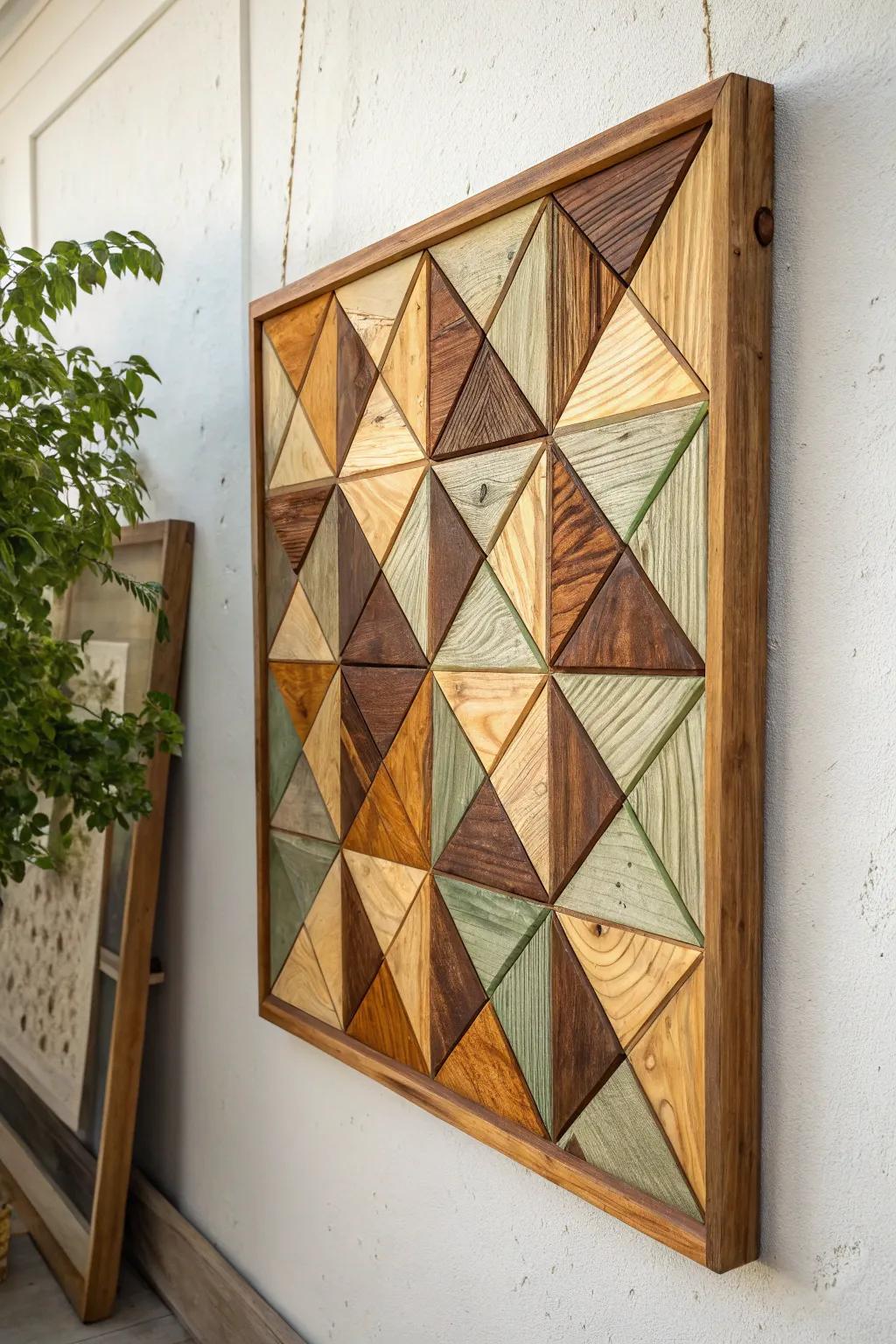 Quilt-style scrap wood mosaic wall art—modern country charm with heirloom craftsmanship.