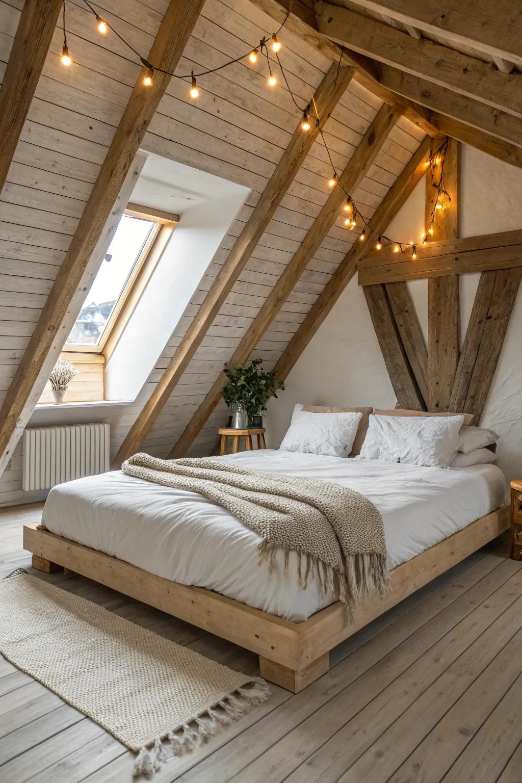 Low linen bed under A-frame beams, glowing with warm string lights and honey oak tones.