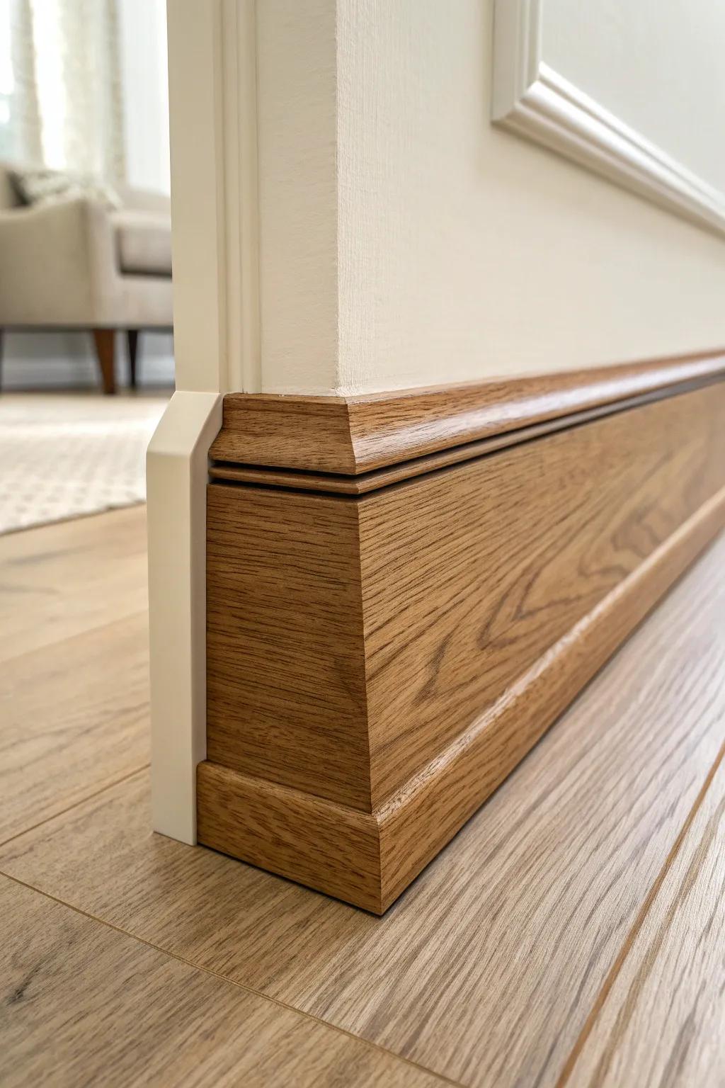 A tiny wood inlay strip adds heirloom-level wow to baseboards—minimal, warm, and refined.
