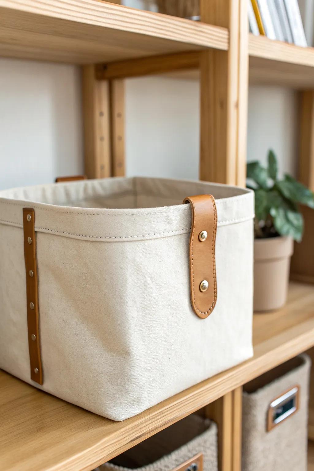 A five-minute upgrade: add a leather pull to canvas bins for custom-looking cubby storage.