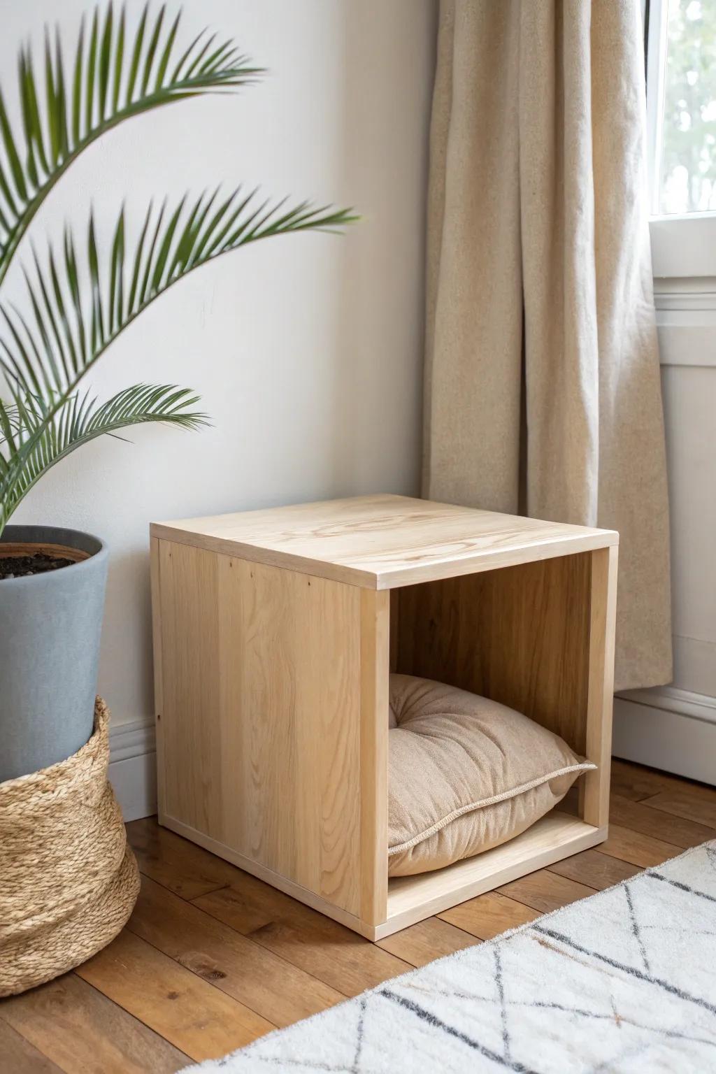 Turn one cube into a cozy cat cubby bed with plywood, a soft pad, and a linen curtain.