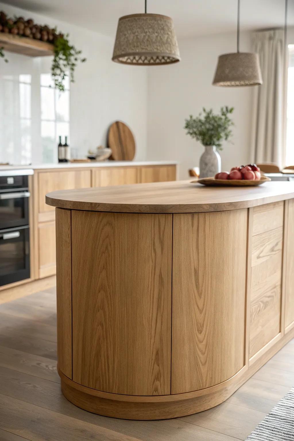 Kidney-bean oak island: a bold, flowing curve that makes imperfect kitchen layouts feel custom.