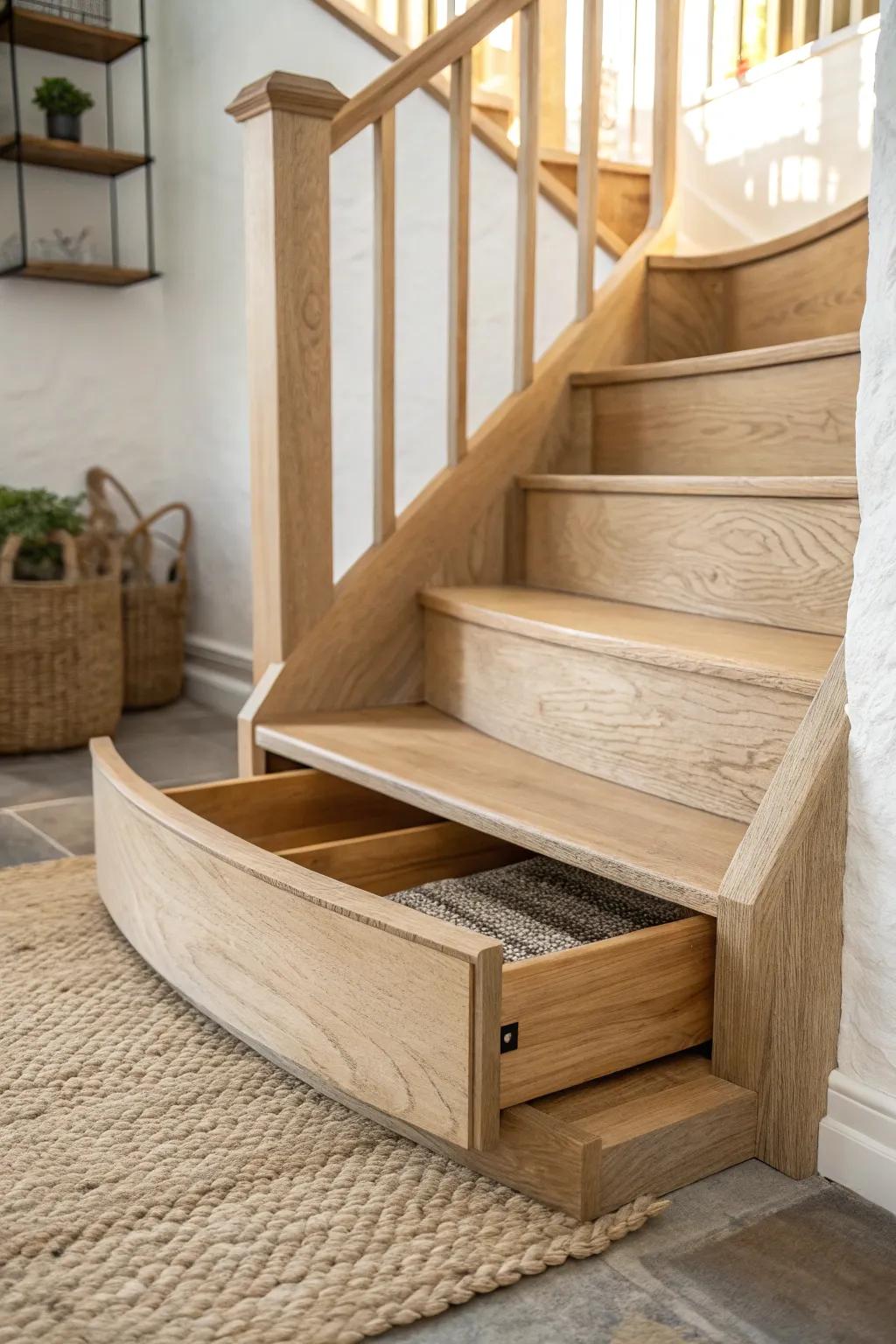 Secret storage in style: a seamless pull‑out drawer hidden in the curved stair base
