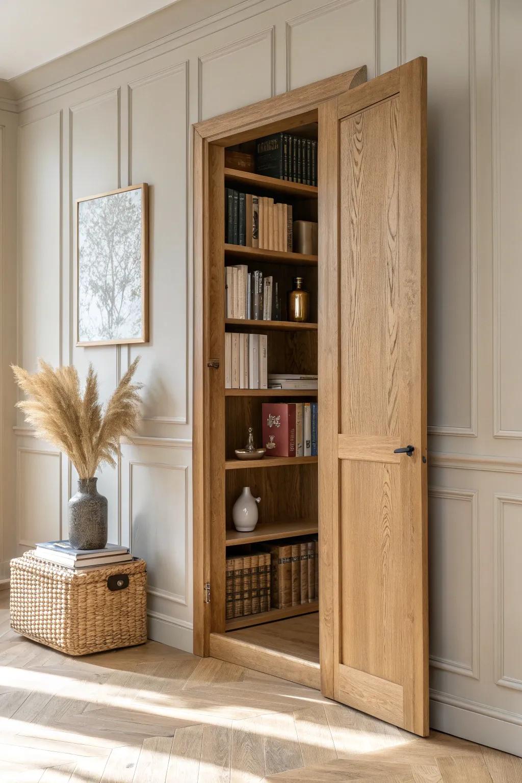 A seamless oak bookshelf door that hides a secret room—minimal, cozy, and beautifully crafted.