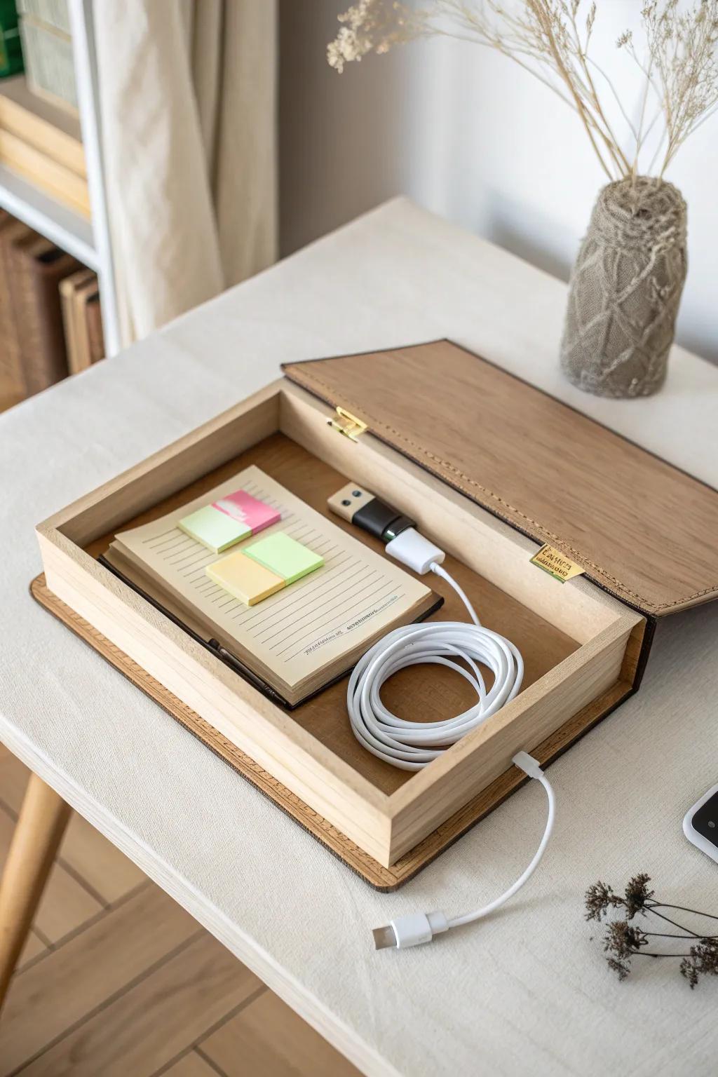 A hollowed-out book safe that hides desk essentials—pretty on display, sneaky inside.