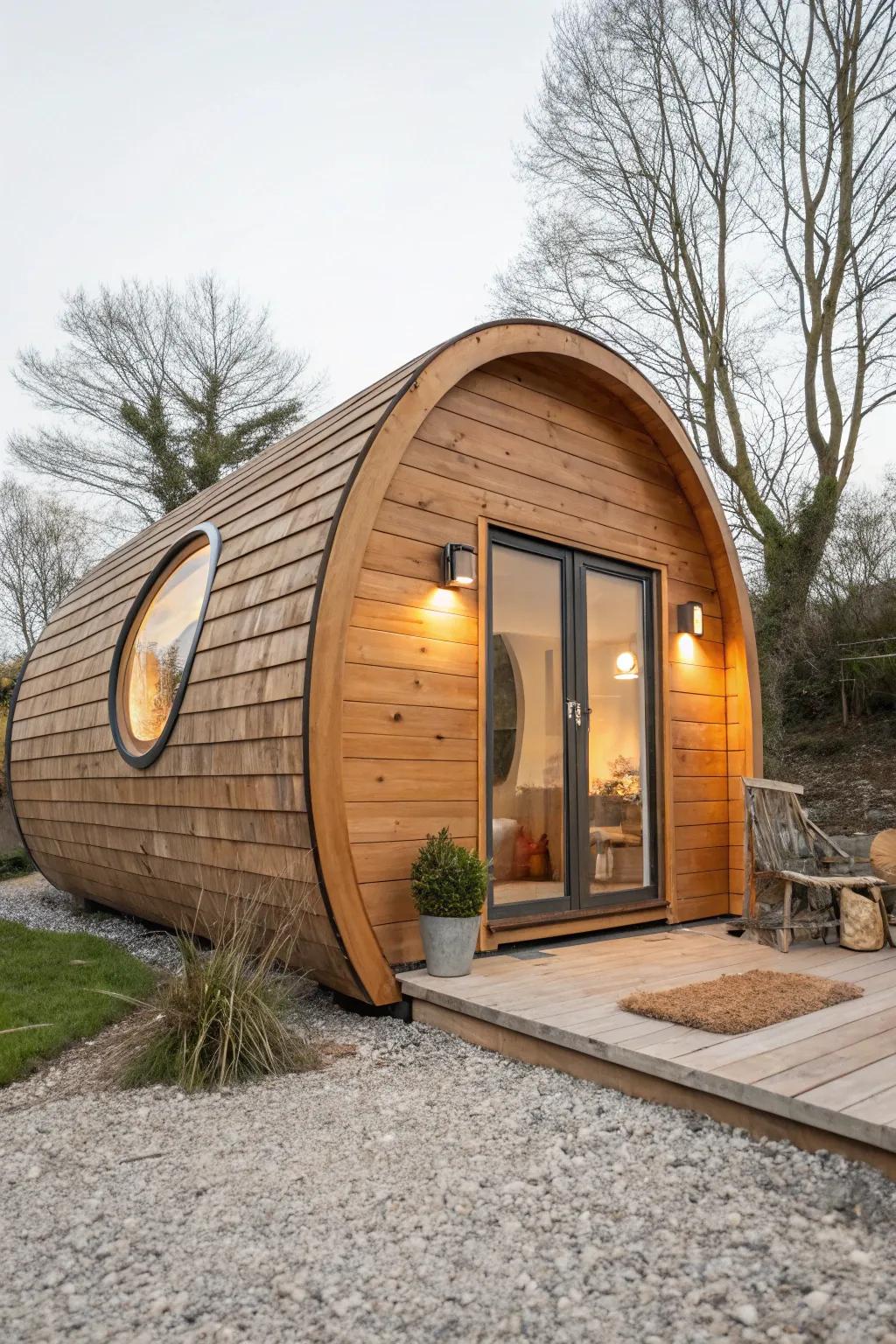 Curved pod-style tiny house with bent plywood warmth and a round window—modern, cozy, cute.