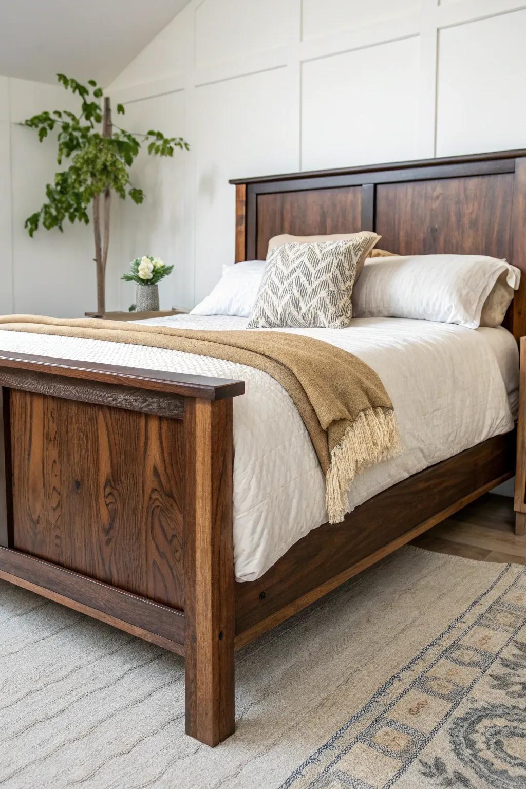 Two-tone DIY refresh: keep the bed frame dark, add light oak accents for airy contrast.