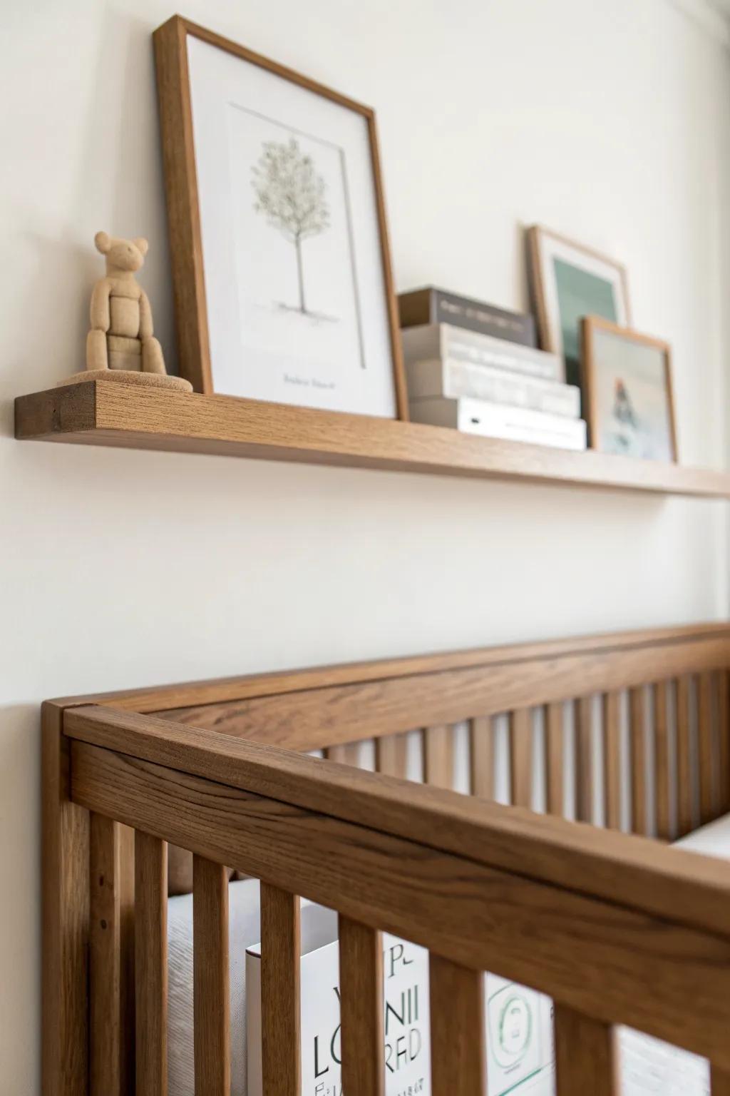 Light oak floating shelf adds airy balance and contrast above a dark brown crib.