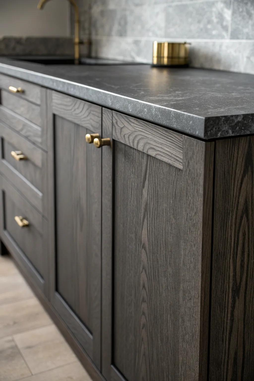 Moody dark-on-dark: matte charcoal oak cabinets meet a softly honed black stone counter.