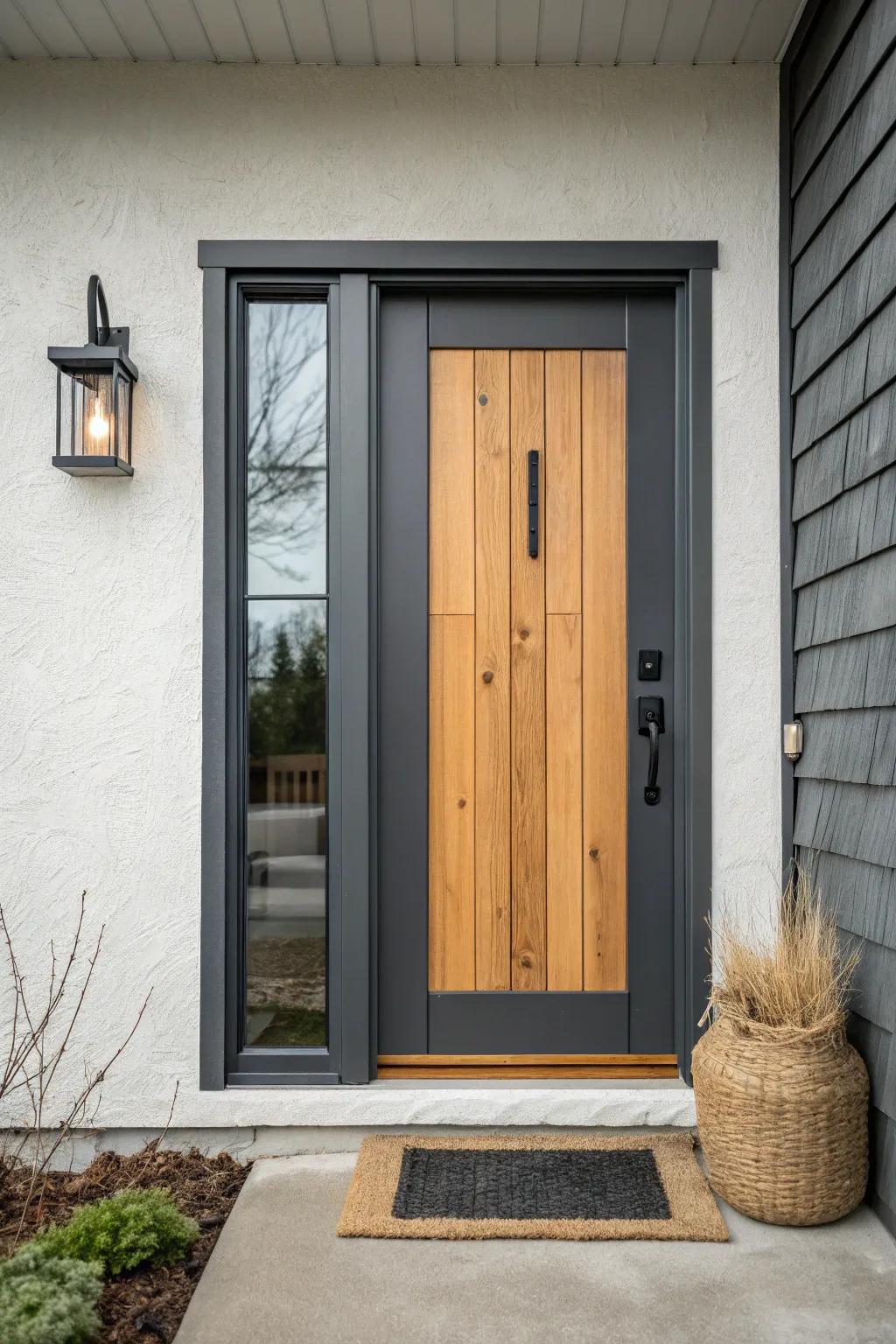 Two-tone charcoal frame and warm oak planks for a custom dark gray home entry.