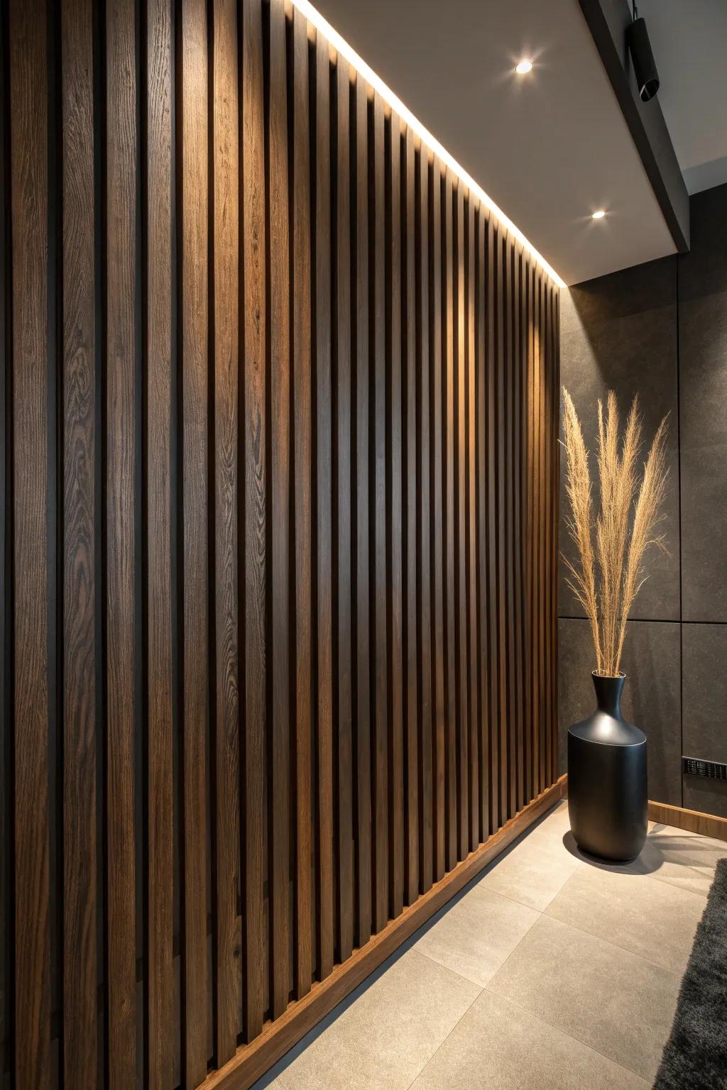 Dark walnut slat wall with charcoal felt—moody, tailored texture that instantly softens sound.