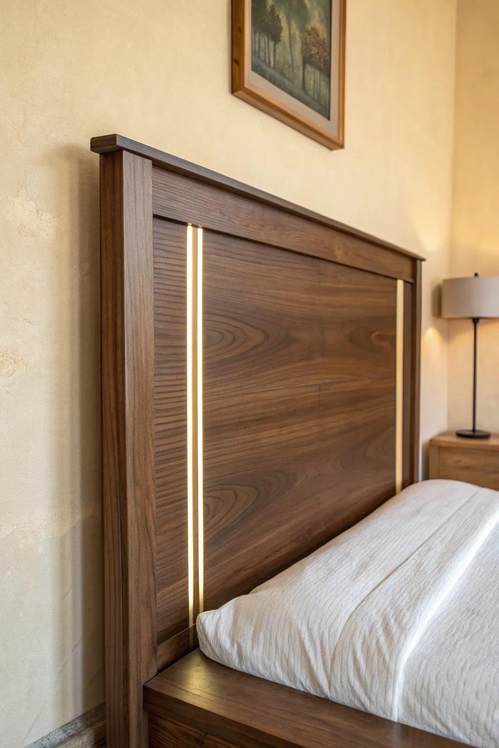 A dark walnut headboard with a thin resin inlay stripe—minimal, warm, and softly luminous.