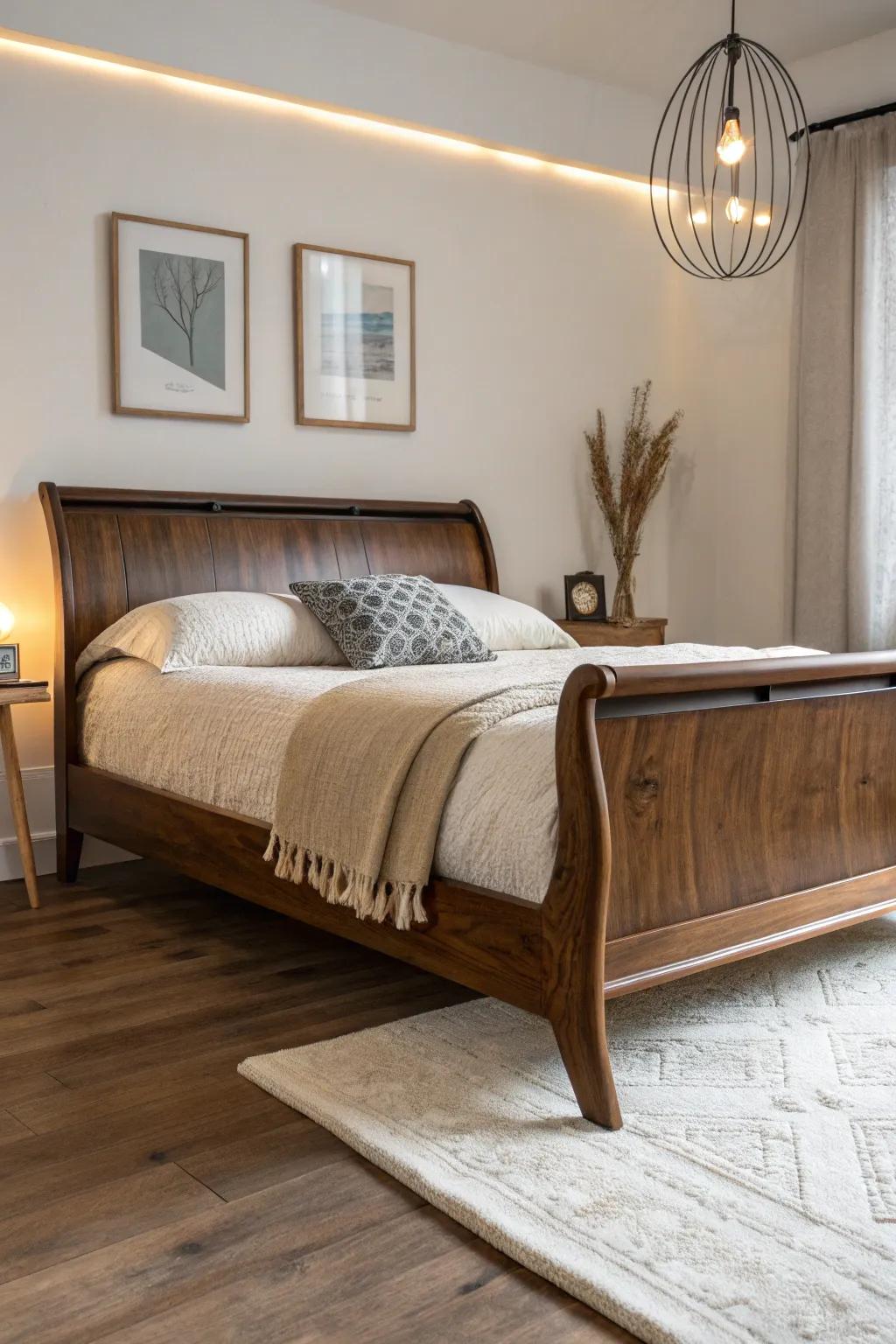Warm LED underglow makes a dark wood sleigh bed feel like it’s floating—cozy and dramatic.