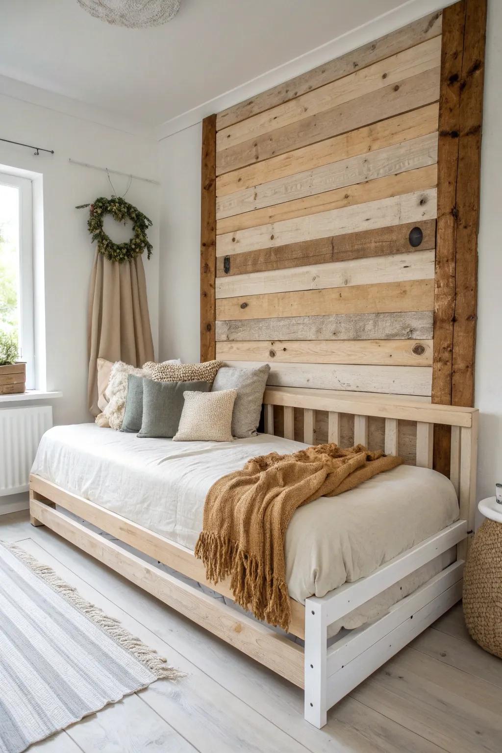 DIY wow: reclaimed wood slats create a custom daybed headboard wall with cozy neutral linens.