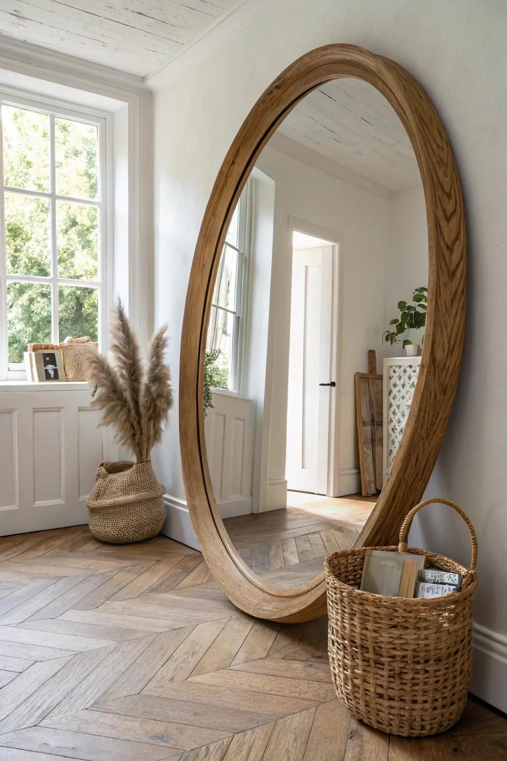 A handcrafted oak mirror at the hall’s end turns a narrow corridor into a destination.