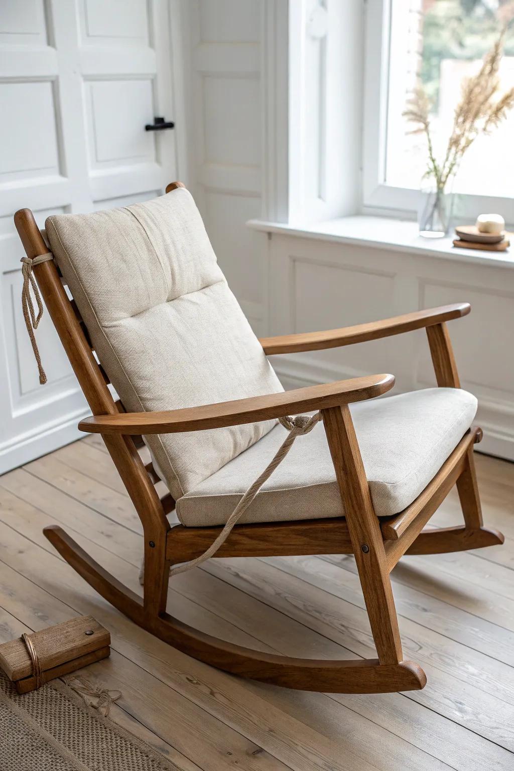 Leather strap accents make an old rocking chair feel warm, handmade, and quietly modern.