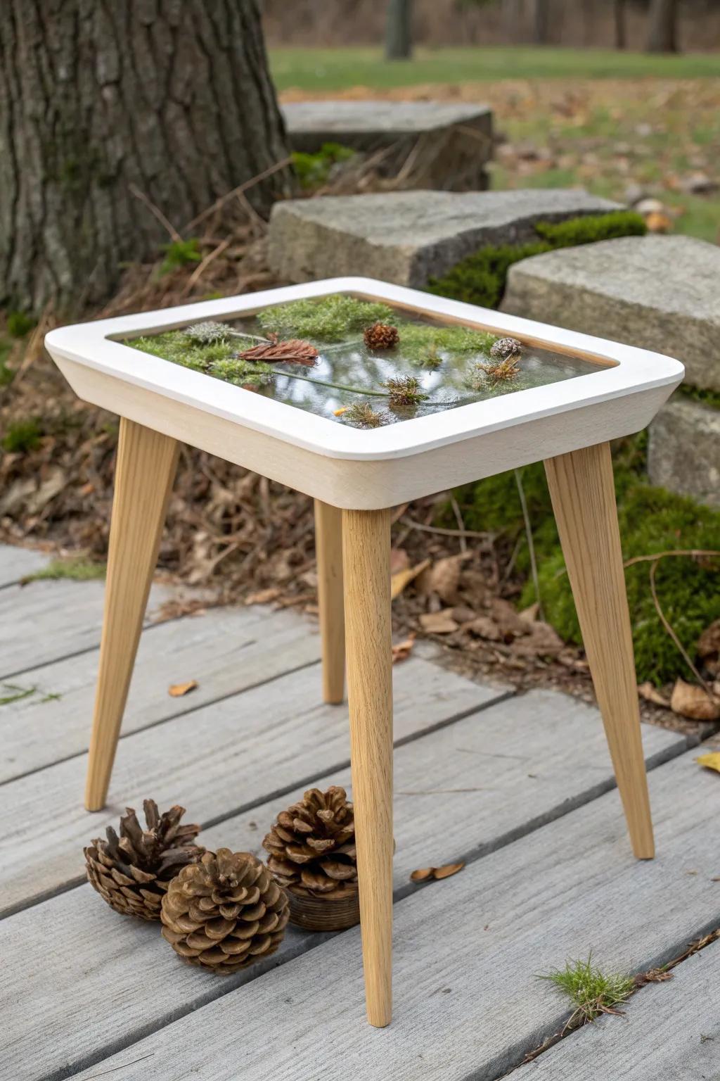 A minimalist resin inlay table that preserves pine cones and bark like a window into the woods.