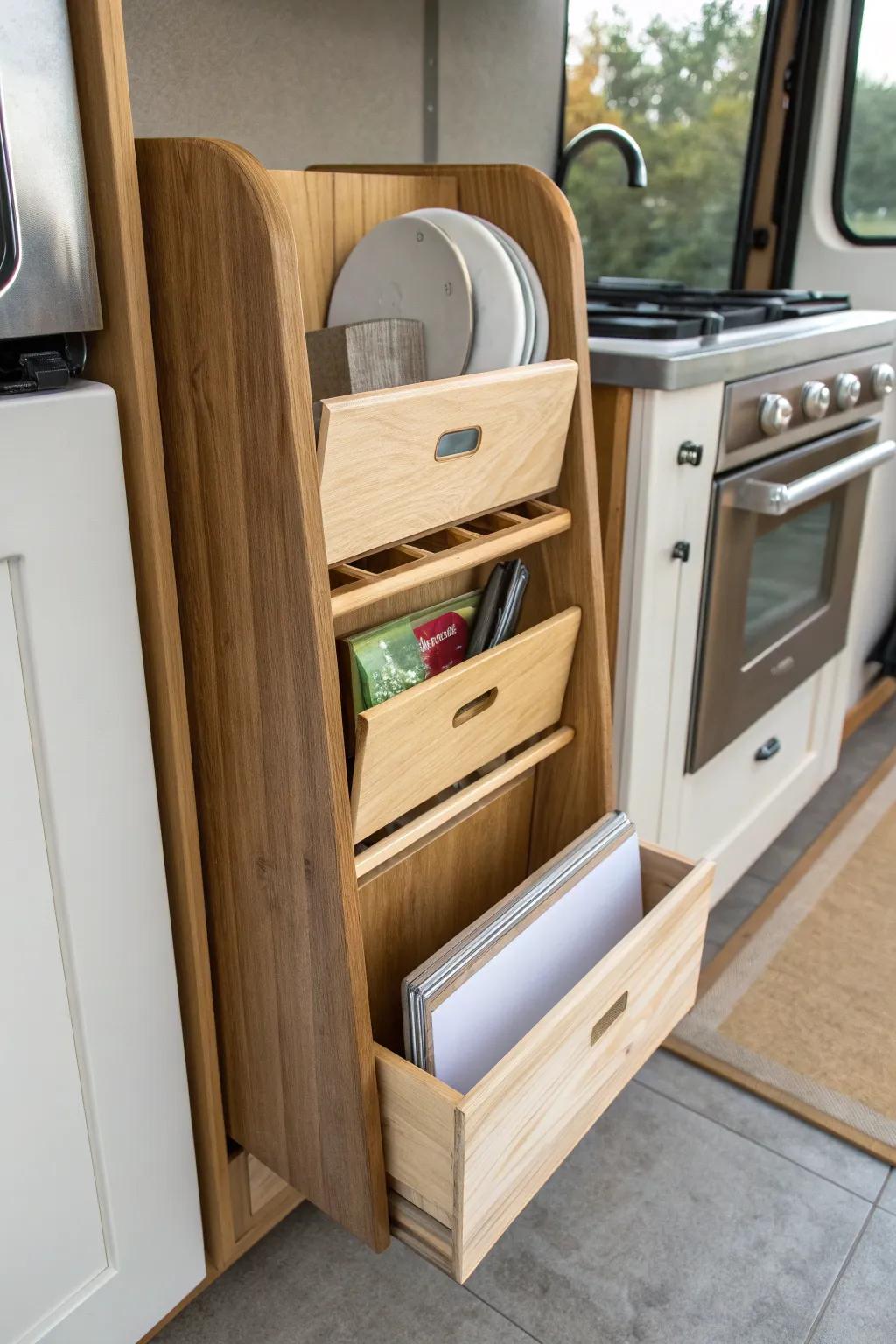 Deep RV pantry win: sleek vertical dividers keep cutting boards and wraps perfectly upright.