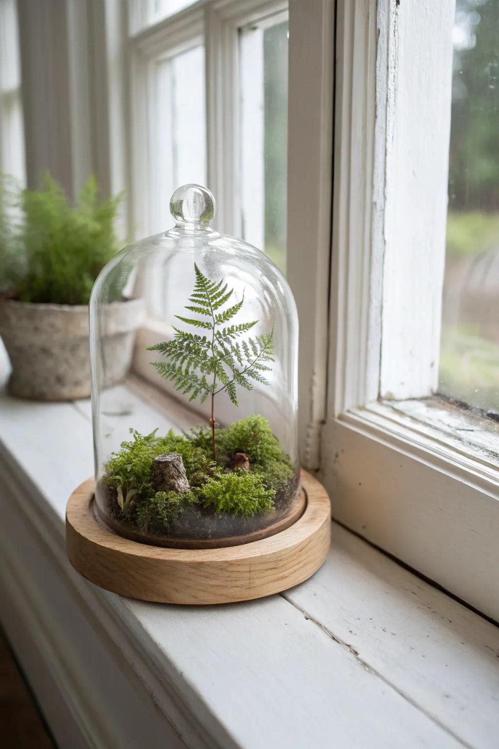 A mini greenhouse cloche on a wood base turns a deep window sill into a calm display.
